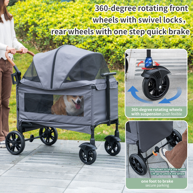 Foldable Multifunctional Pets Cart Aluminum Tube Cet Cart Double Decker 4 Wheel Removable Carrier Dog Pram Stroller