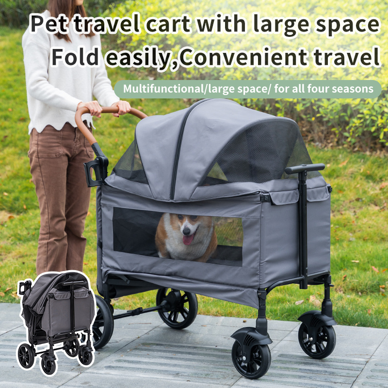 Foldable Multifunctional Pets Cart Aluminum Tube Cet Cart Double Decker 4 Wheel Removable Carrier Dog Pram Stroller