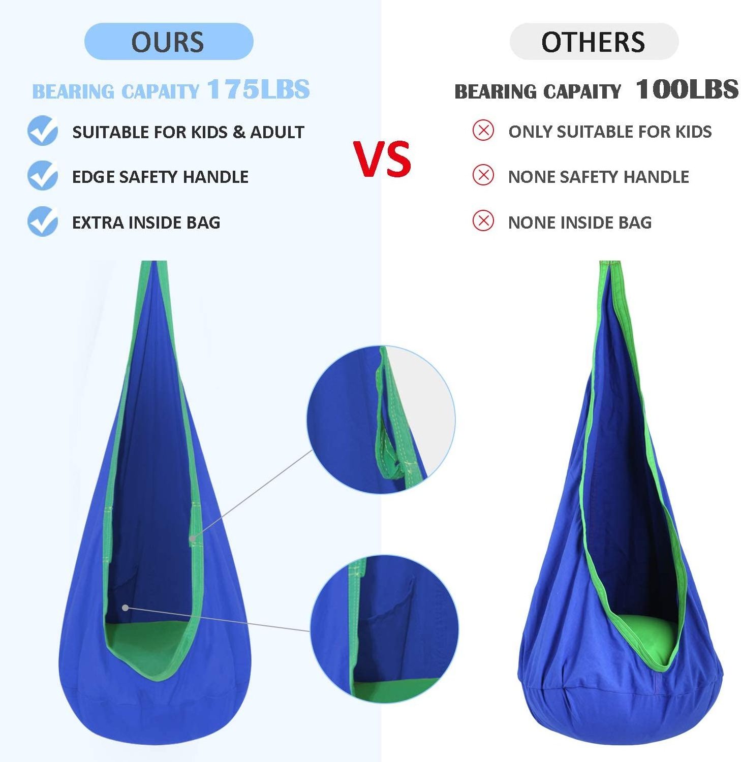 TOPIND 100% Cotton  Hanging Chair Swing with Durable Air Cushion Kids Pod Swing Seat for Indoor and Outdoor