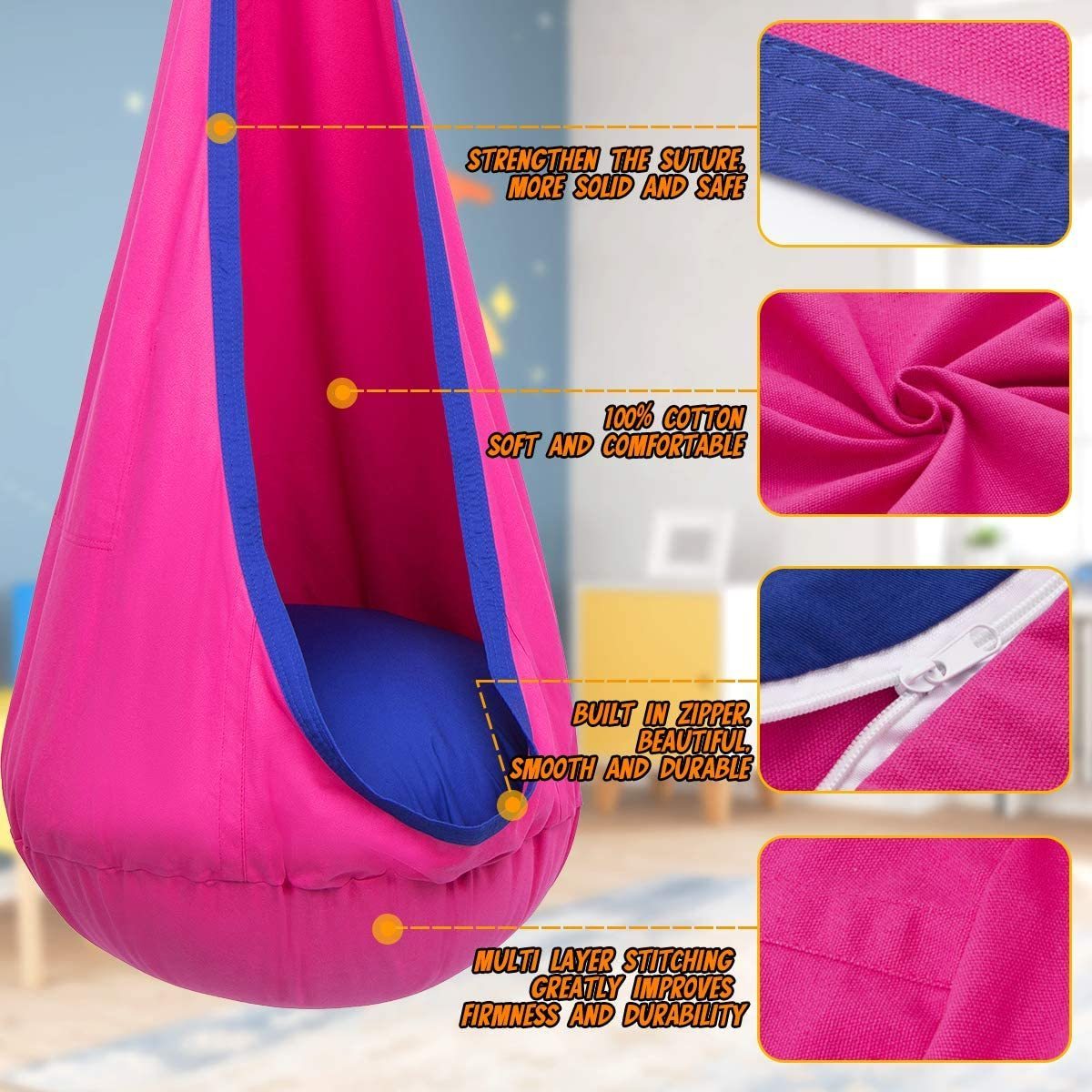 TOPIND Dropshipping Pink Cotton Hammock Hanging Seat Kids Swing Pod Chair with Hanging Kits