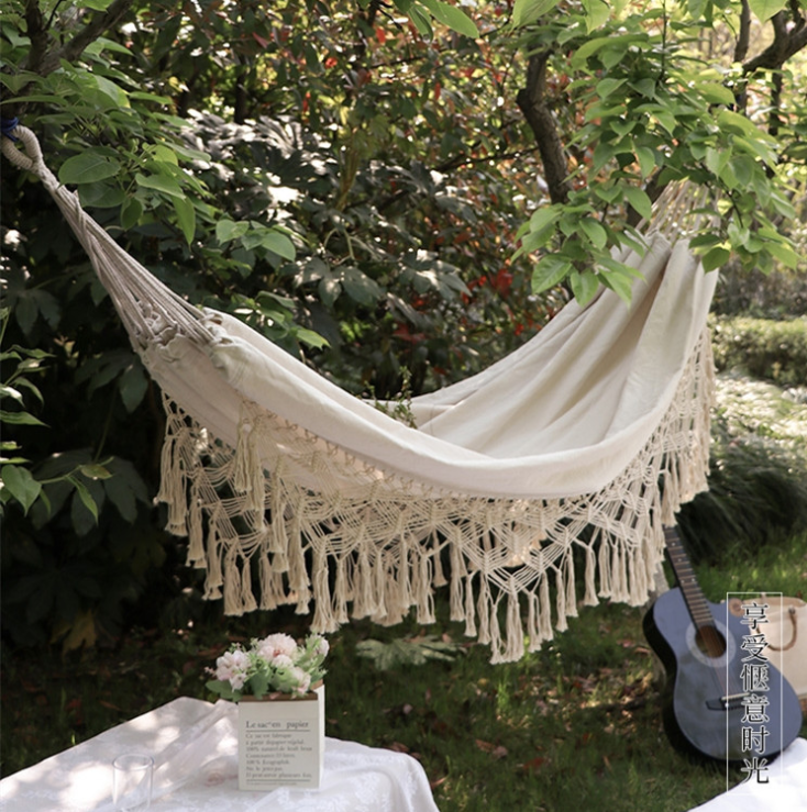 TOPIND 2 Person Camping Hammock White Macrame Fringe Hammock for Outdoor Indoor