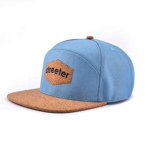 Custom Logo Wooden Patch Label Flat Brim 6 Panel Wood Cork Custom Snapback Hat with Patch