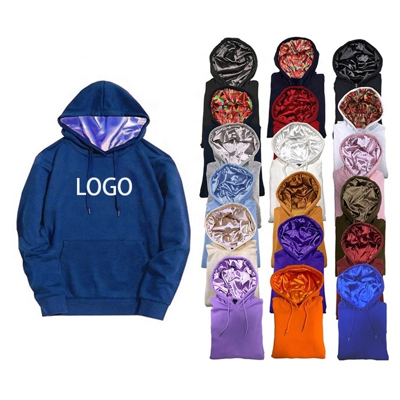 Printing embroidery logo blank cotton polyester heavy weight plain custom satin lined hoodie