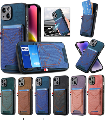 For iPhone 15 Wallet Card Holder Case, Retro Jeans Pocket PU Leather Shockproof Phone Cover Case For iPhone 11 12 13 14 Pro Max