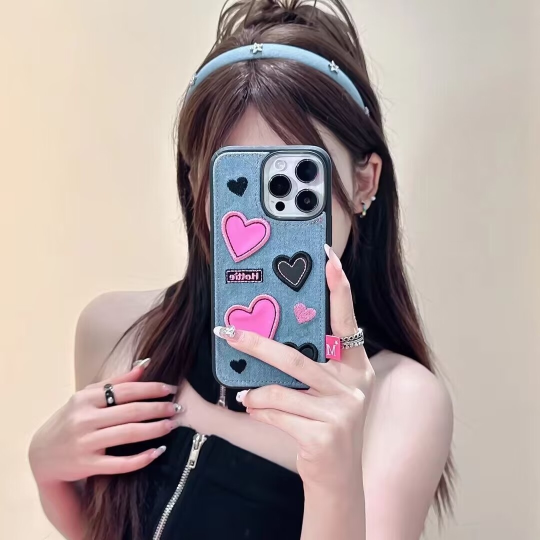 Fashion Cute Star and Love Heart Pattern Embroidery Denim Fabric Phone Case with Chain Beads Strap Cover for iphone 7-15 Pro Max