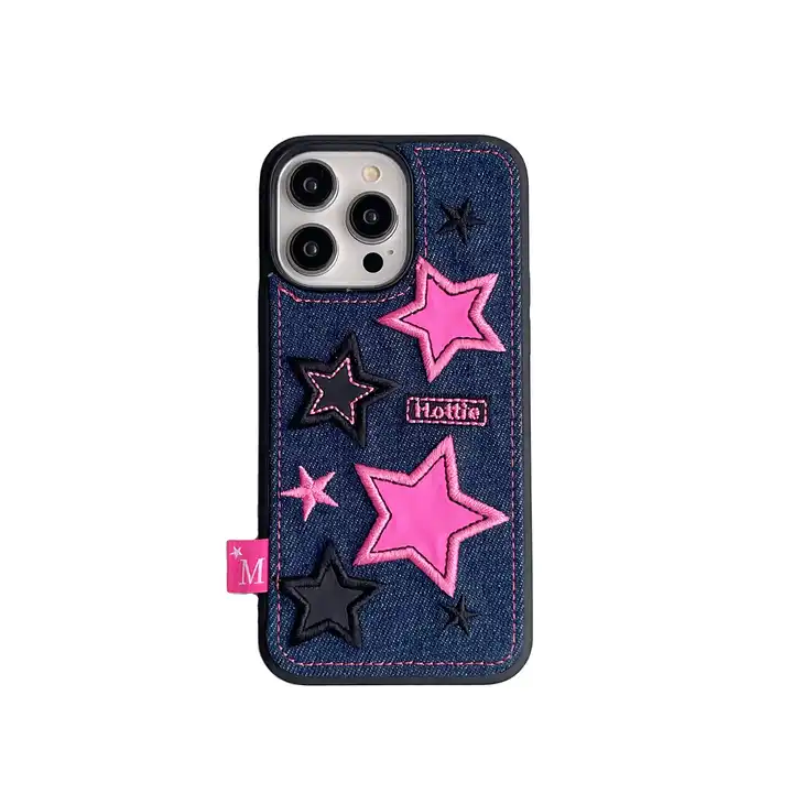 Fashion Cute Star and Love Heart Pattern Embroidery Denim Fabric Phone Case with Chain Beads Strap Cover for iphone 7-15 Pro Max