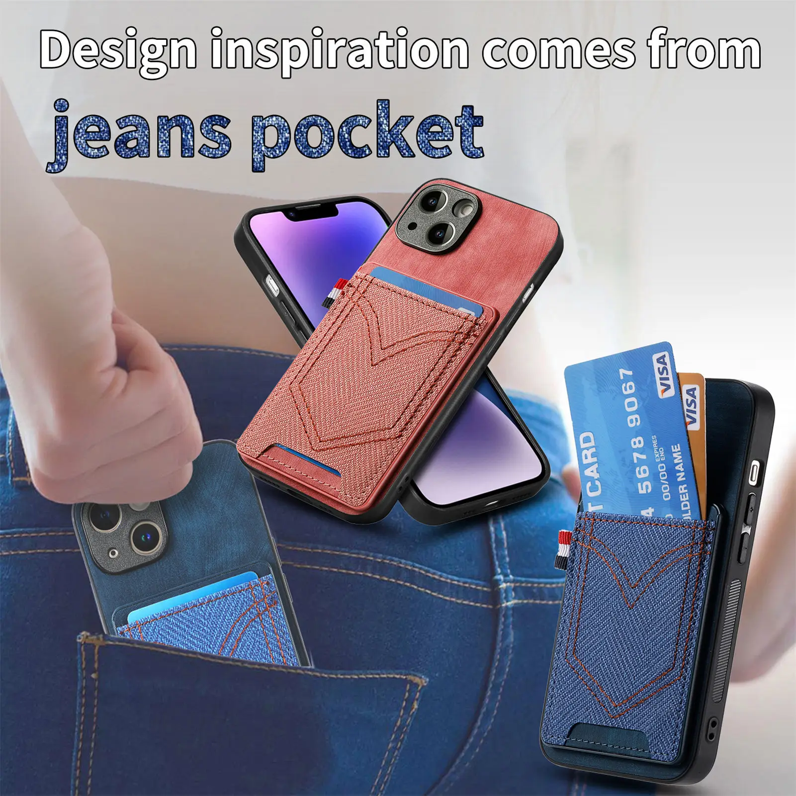 For iPhone 15 Wallet Card Holder Case, Retro Jeans Pocket PU Leather Shockproof Phone Cover Case For iPhone 11 12 13 14 Pro Max