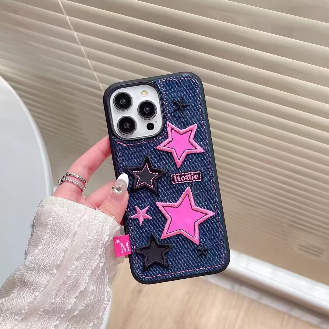 Fashion Cute Star and Love Heart Pattern Embroidery Denim Fabric Phone Case with Chain Beads Strap Cover for iphone 7-15 Pro Max