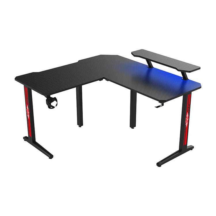 Corner Office Gaming Desk With Table Shelf L shape RGB LED Light Esports Computer Gaming Table Black Pc Gamer Desk With Stand