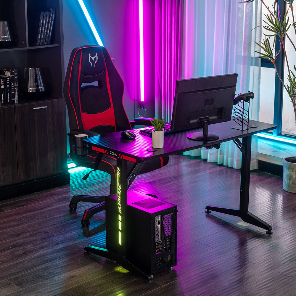 2024 New Hollow Out Desk Leg Design laptop gaming table T shaped LED RGB best gaming desk mesa gamer