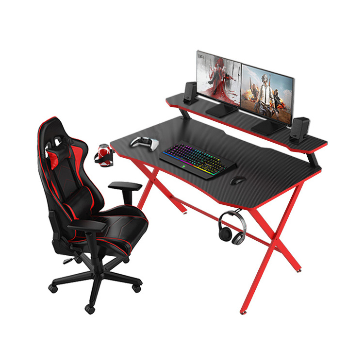 Double Layer Red Computer Gaming Table With Stand Pc Gaming Desk With Shelf 55.1 inch E-sports Gamer Desk