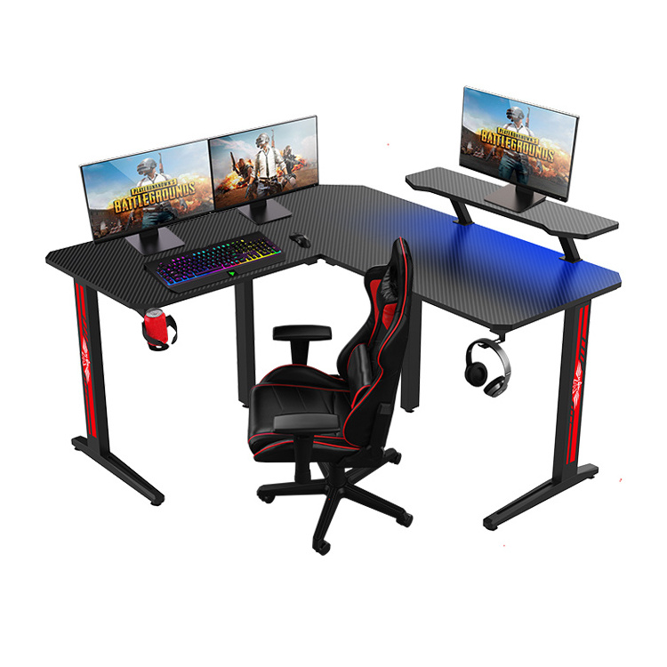 Corner Office Gaming Desk With Table Shelf L shape RGB LED Light Esports Computer Gaming Table Black Pc Gamer Desk With Stand