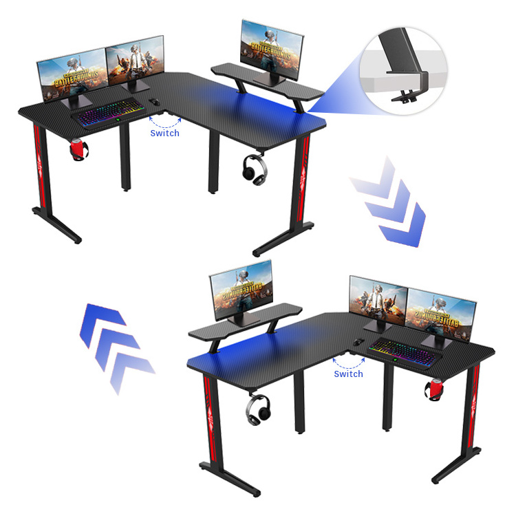 Corner Office Gaming Desk With Table Shelf L shape RGB LED Light Esports Computer Gaming Table Black Pc Gamer Desk With Stand