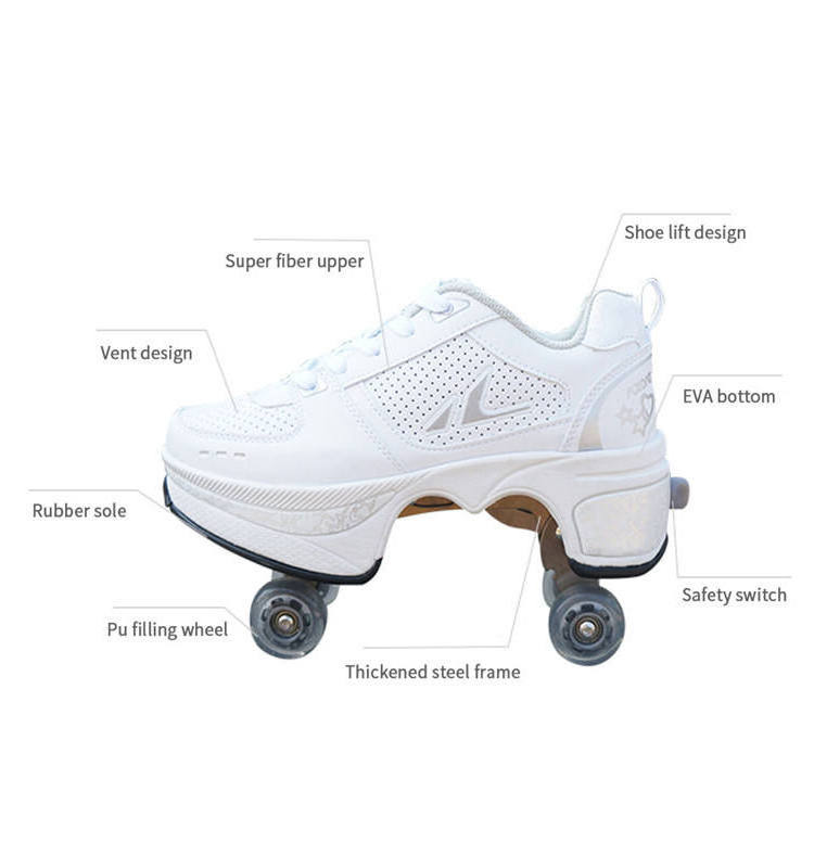 DECELEVEN Walking Rollershoes Outdoor Sports Kick Out Spinning Top Roller Skates Shoes with Retractable 4 Wheels