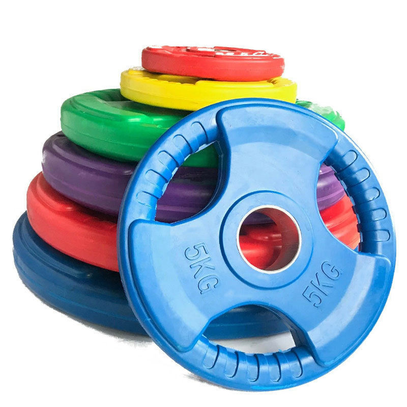 Weight Lifting Tri Grip Three Hole Handles Colored Bumper Rubber Coated Cast Iron Barbell Weight Plate