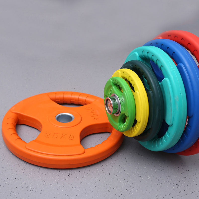 Weight Lifting Tri Grip Three Hole Handles Colored Bumper Rubber Coated Cast Iron Barbell Weight Plate