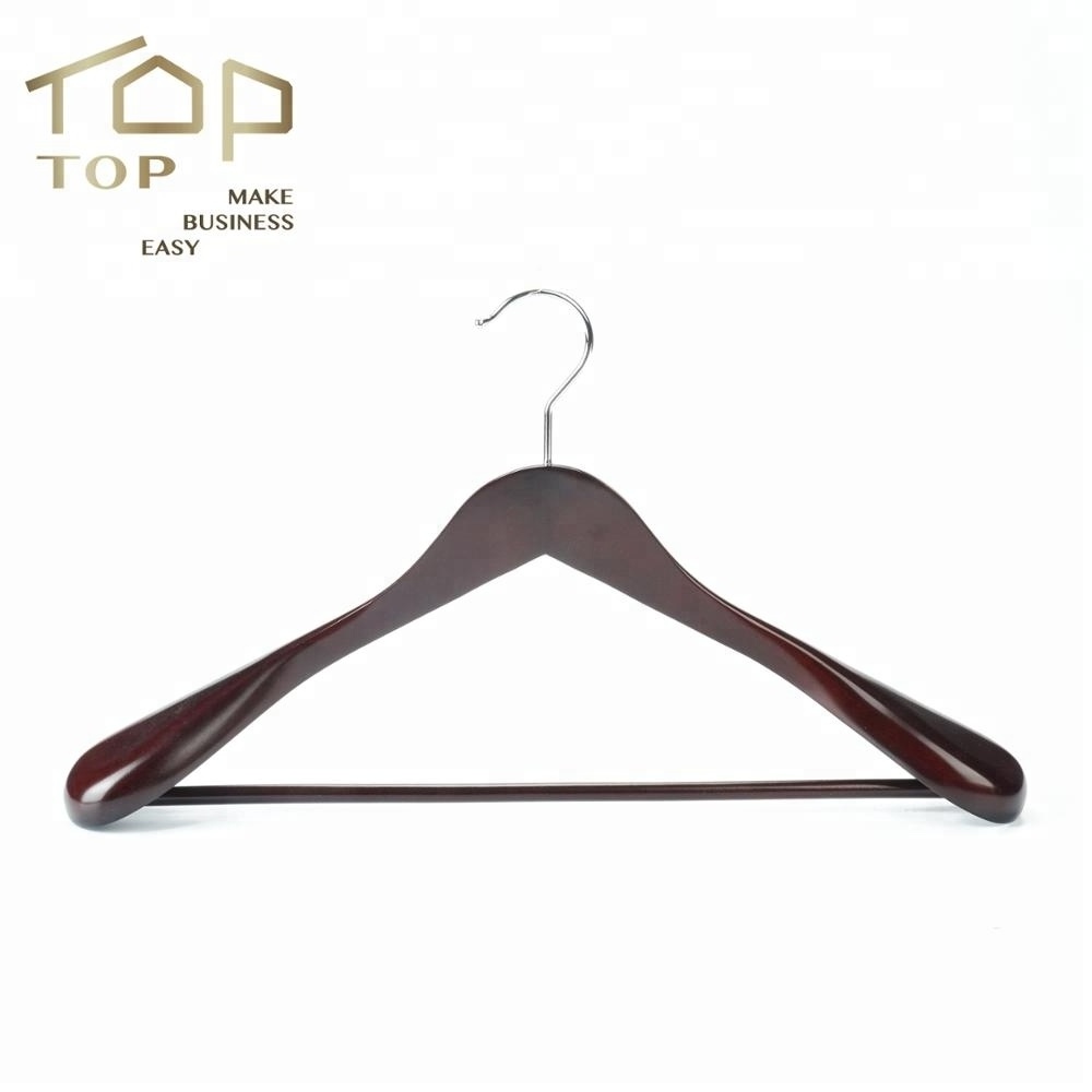 Brown Wooden Clothes Hanger Wide Shoulder Walnut Color Swivel Metal Hooks with Non-Slip Crossbar