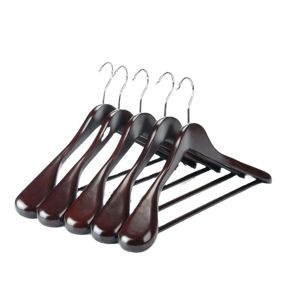 Brown Wooden Clothes Hanger Wide Shoulder Walnut Color Swivel Metal Hooks with Non-Slip Crossbar