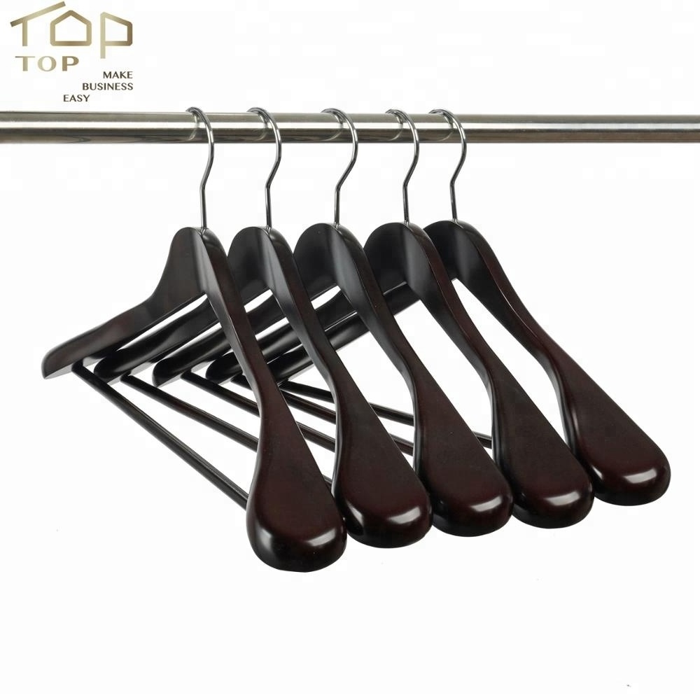 Brown Wooden Clothes Hanger Wide Shoulder Walnut Color Swivel Metal Hooks with Non-Slip Crossbar