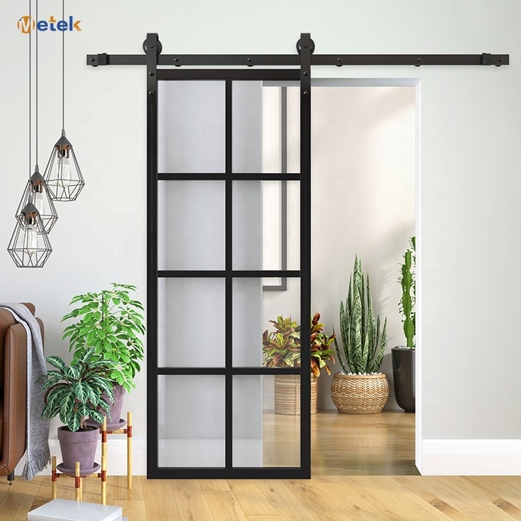 Interior Bathroom Bedroom Barn Door Frosted Black Interior Stainless Steel Frame Aluminium Glass Sliding Door