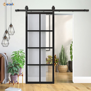 Interior Bathroom Bedroom Barn Door Frosted Black Interior Stainless Steel Frame Aluminium Glass Sliding Door