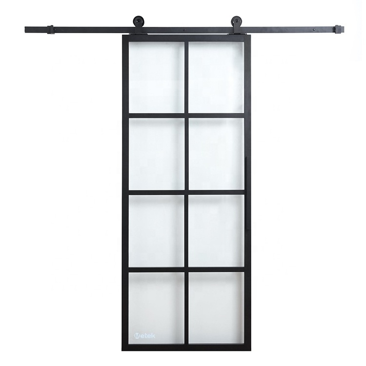 Interior Bathroom Bedroom Barn Door Frosted Black Interior Stainless Steel Frame Aluminium Glass Sliding Door