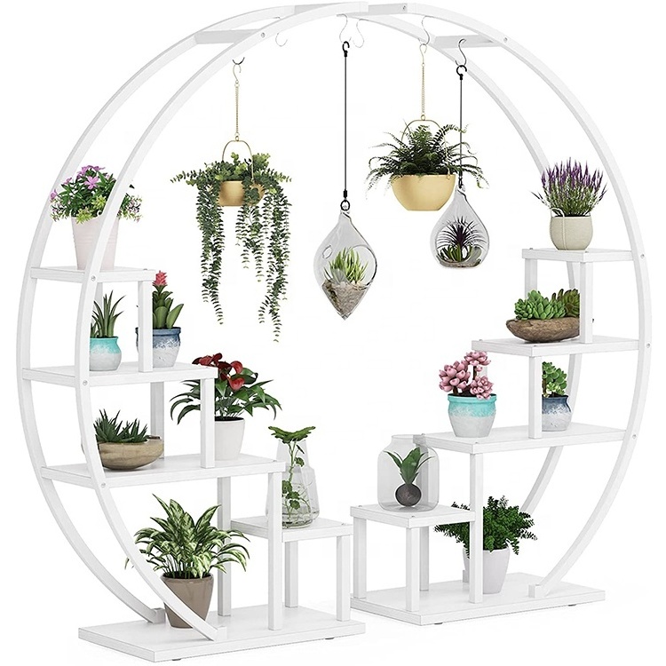 New Design Steel-wood Flower Hanger Curved Pot Holder Indoor Display Shelf Flower Metal Plant Stand