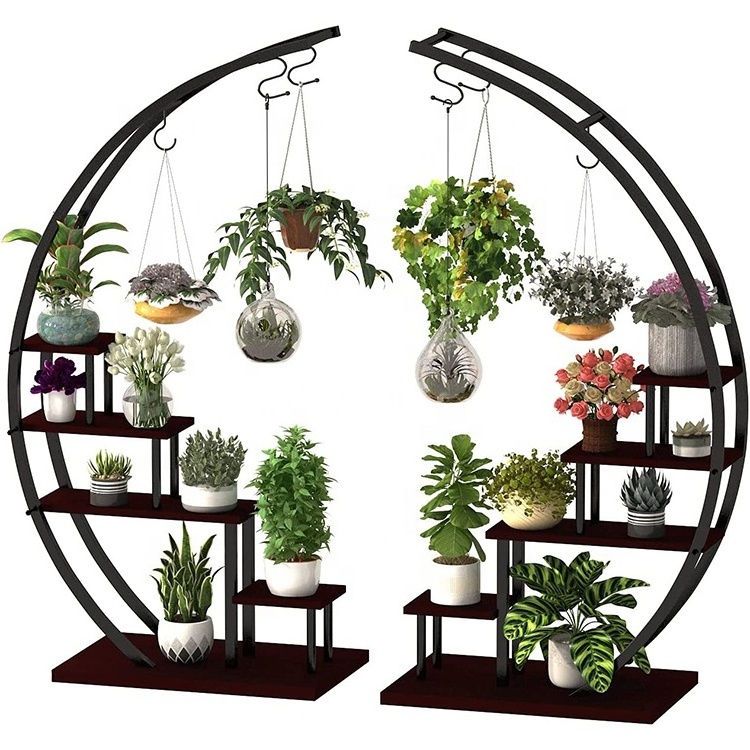 New Design Steel-wood Flower Hanger Curved Pot Holder Indoor Display Shelf Flower Metal Plant Stand