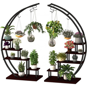 New Design Steel-wood Flower Hanger Curved Pot Holder Indoor Display Shelf Flower Metal Plant Stand