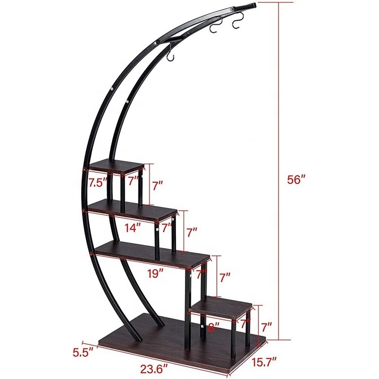 New Design Steel-wood Flower Hanger Curved Pot Holder Indoor Display Shelf Flower Metal Plant Stand