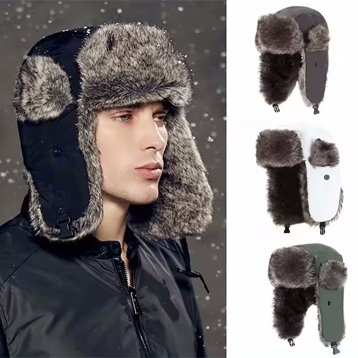 Outdoor Manufacturer  Classic Adjustable Russian Warm Hat Skiing Winter Fur Trapper Hat Faux Fur Hat with Ear Flap