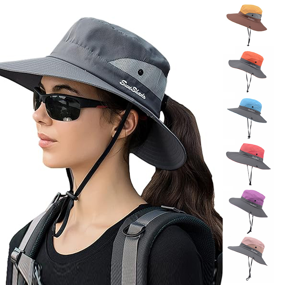 Hotsale unisex wide brim outdoor hiking uv upf protection foldable summer fishing ponytail quick-dry bucket hat with custom logo