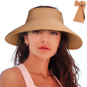 Wholesale wide brim travel uv upf protection straw sun visor foldable roll-up women summer beach hats with custom logo