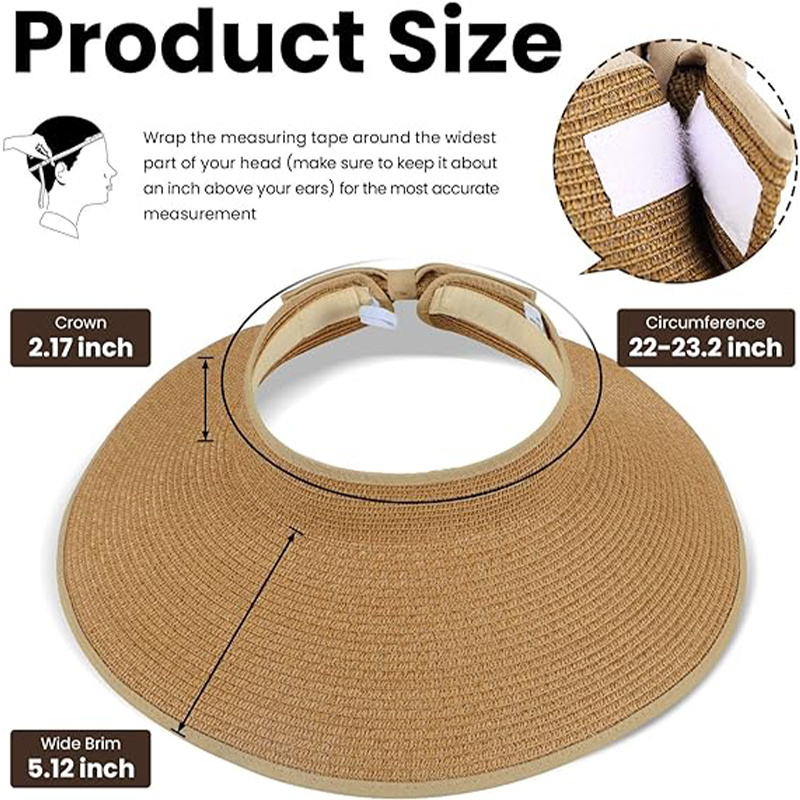 Wholesale wide brim travel uv upf protection straw sun visor foldable roll-up women summer beach hats with custom logo