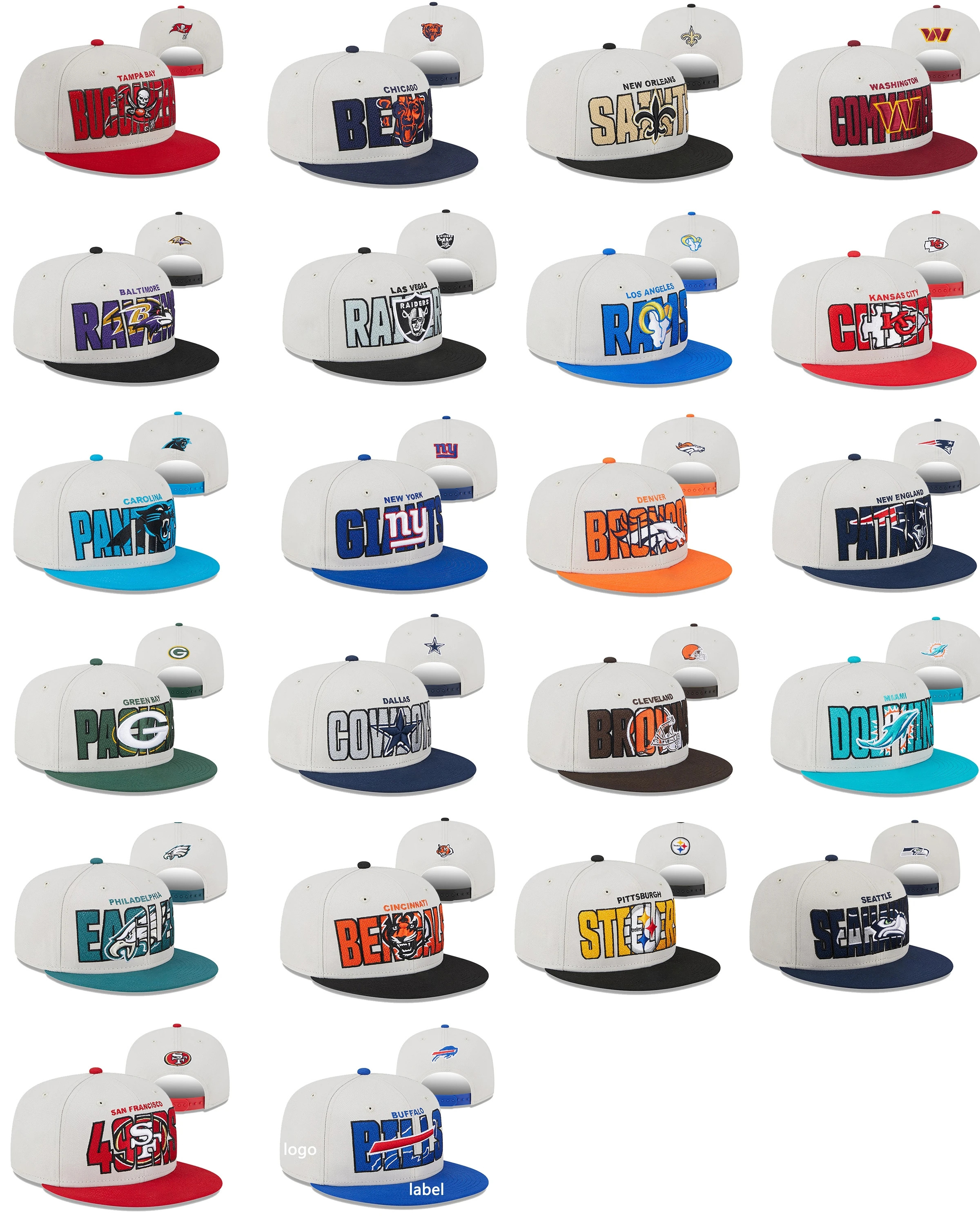 Custom High Quality 6 panel Football Teams embroidery Flat-brim Hat Adjustable NFL Vintage Sport Breathable Snapback Cap