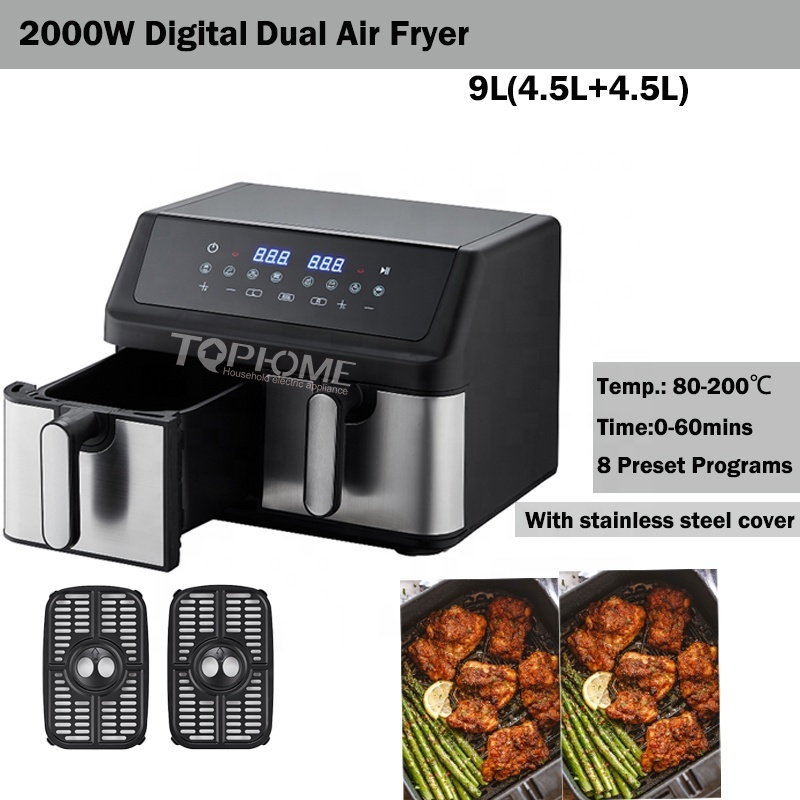 2000W 9L Cheap Dual-pot Electric Large Digital Air Fryer With 2 Independent Frying Baskets Dual Toaster Air Fryer Oven