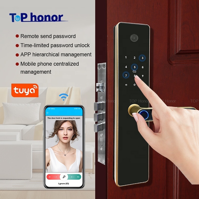 fingerprint tuya locks for wooden doors digital front electronic keyless entry wifi smart door lock with camera for front door