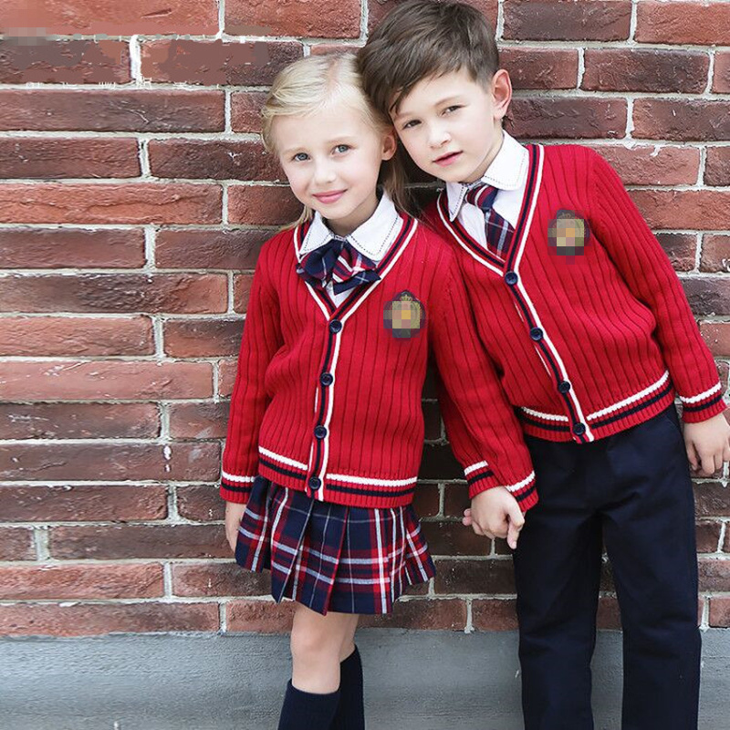 Autumn Kid Knitted Primary School Uniforms Suit Custom Design Embroidered Children OPP Bag Sleeveless School Uniform for Girl