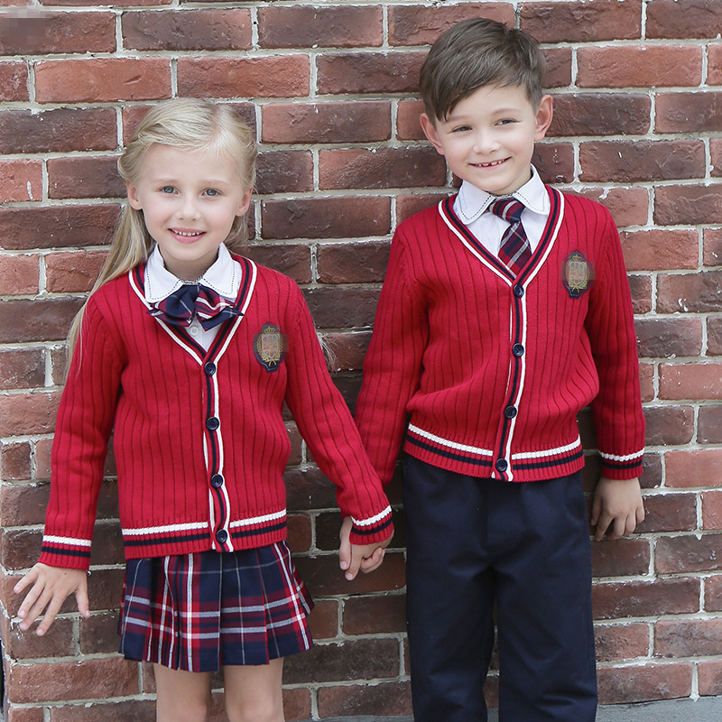 Autumn Kid Knitted Primary School Uniforms Suit Custom Design Embroidered Children OPP Bag Sleeveless School Uniform for Girl