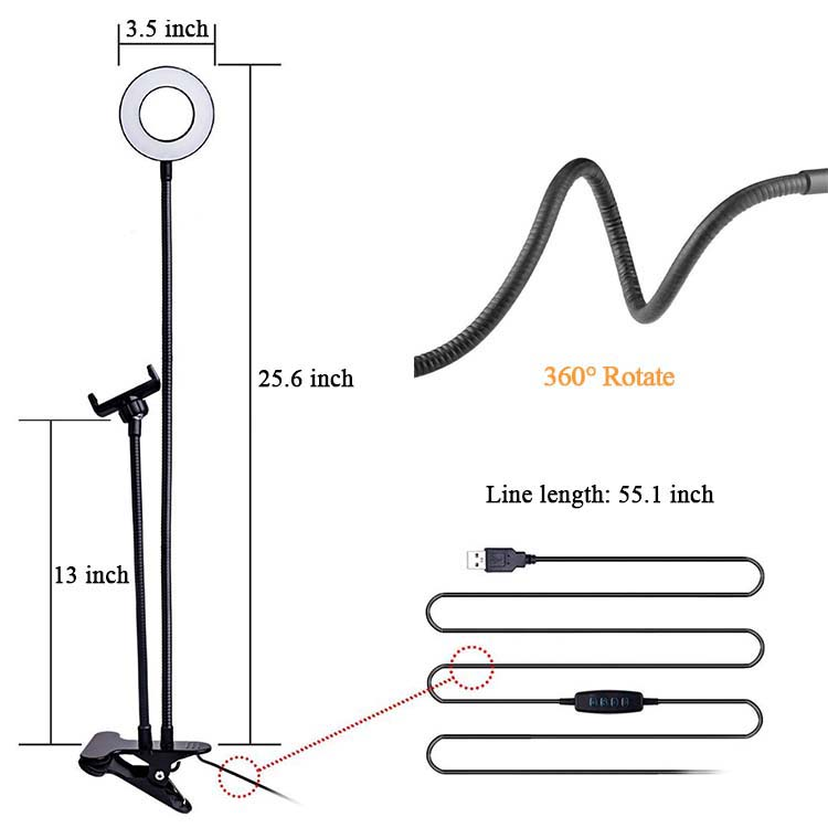 selfie light ring for live broadcast /flexible selfie stand Led ring light with clip cell phone holder