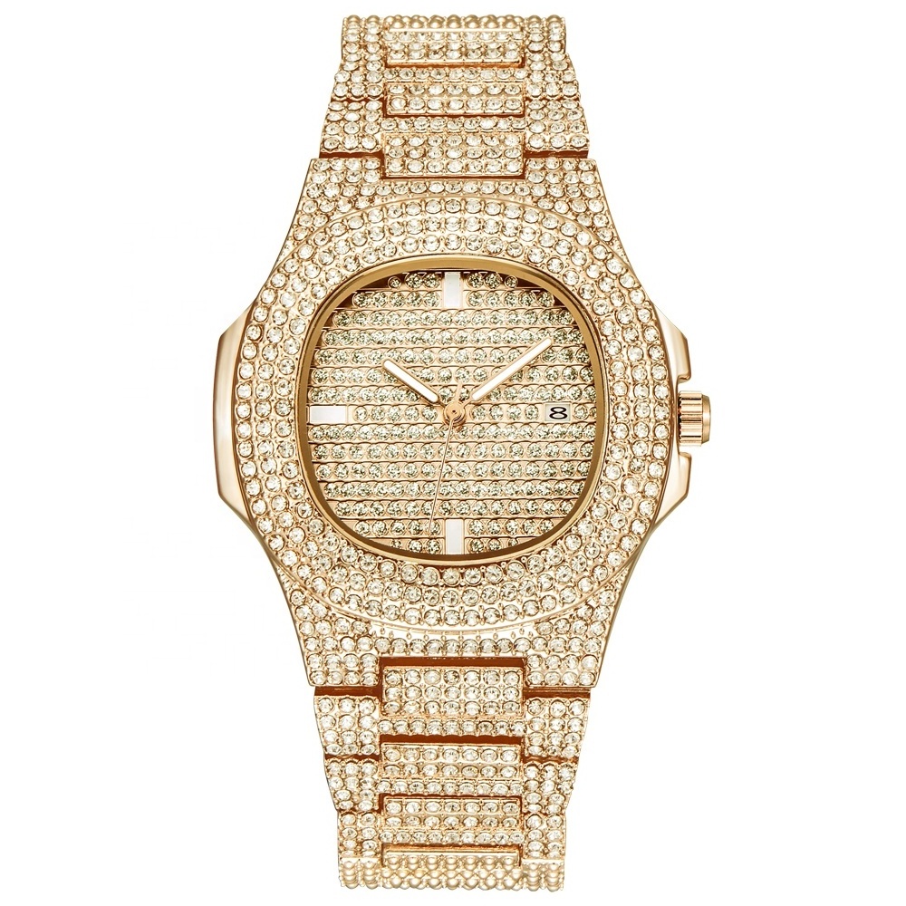 Hip Hop Mens Quartz Stainless Steel Band Business Wristwatch Woman and man's Iced out Bling Diamond Watch