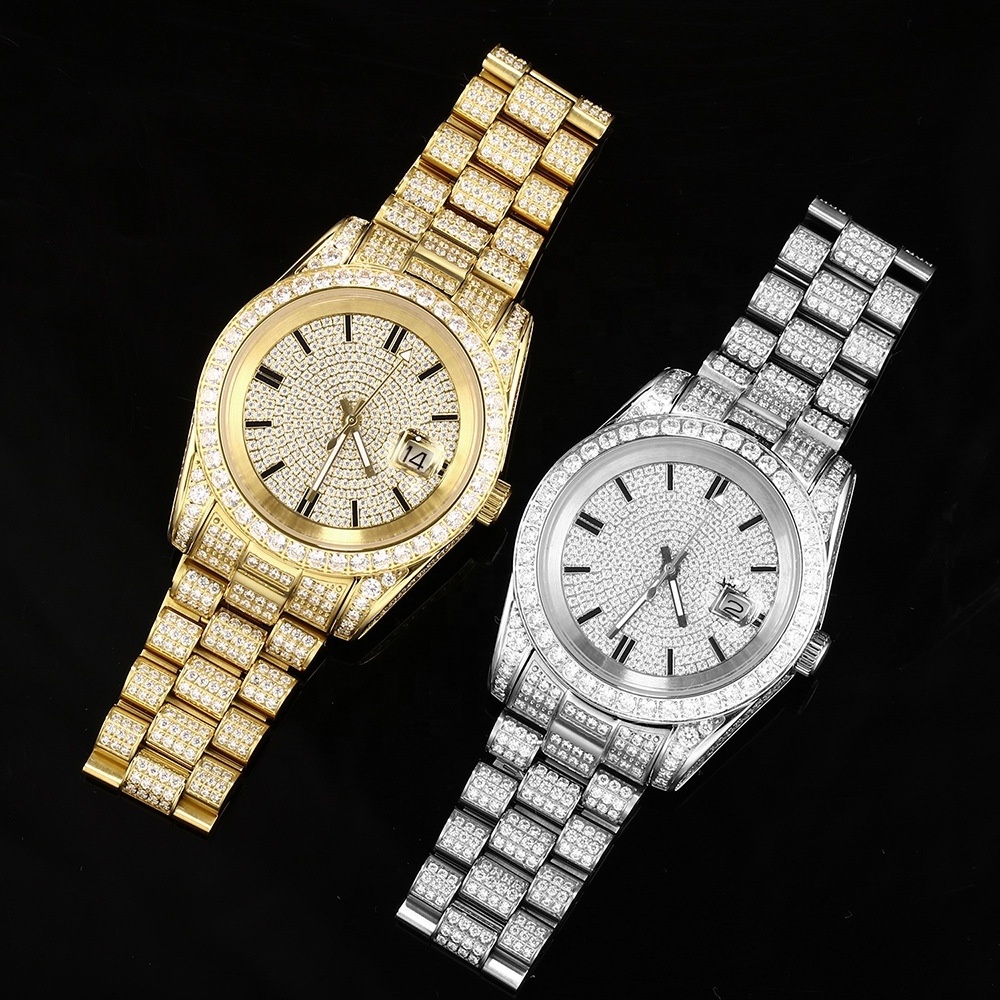 New Arrival Hip Hop Style Stainless Steel Quartz Watch Gold Plated Stainless Steel Band Full of Zircon Quartz Men Watch