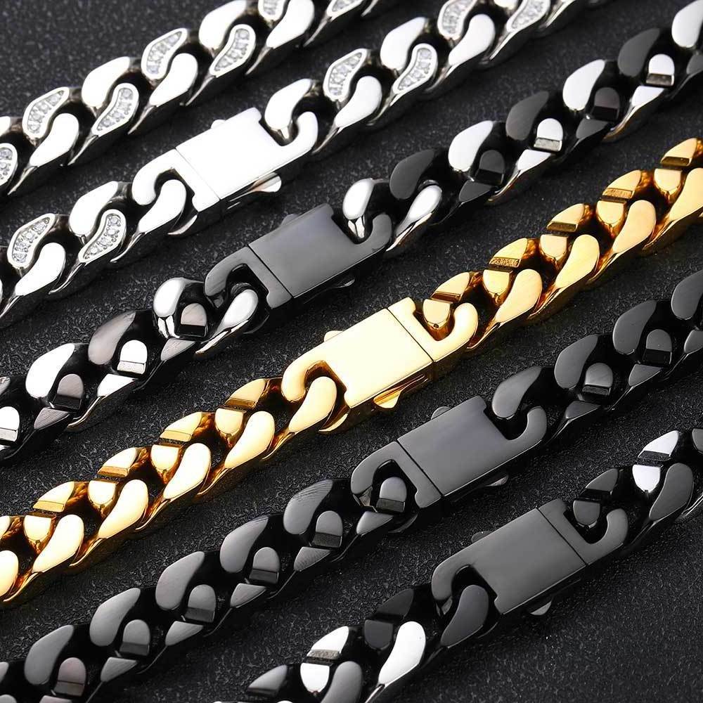 Hip Hop 12MM Stainless Steel Boxed Cuban Chain Iced Out Miami Cuban Link Chain Necklace Bracelet