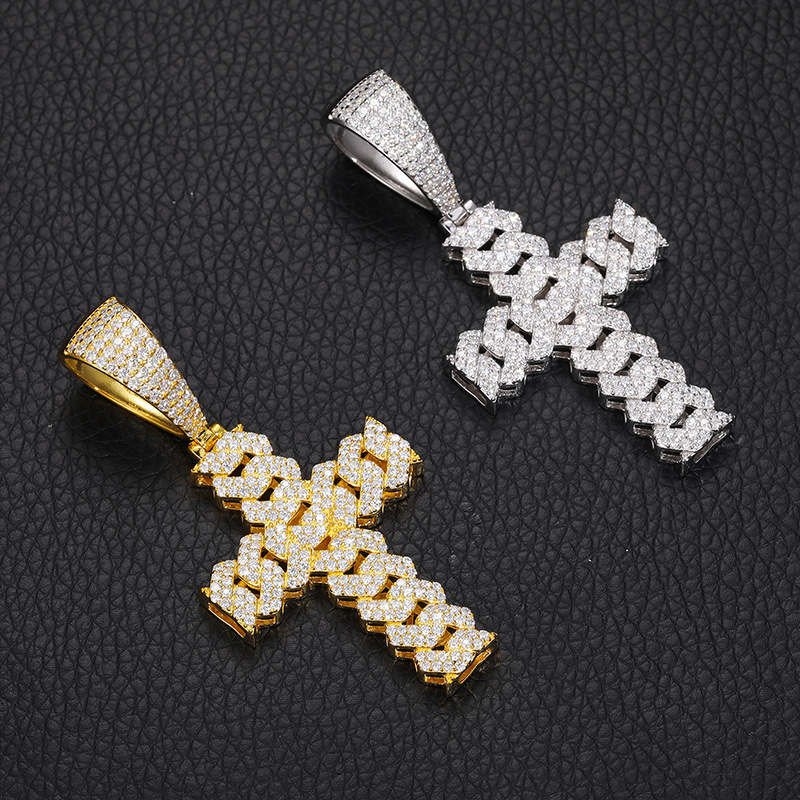 Hip Hop VVS D Moissanite 2 Rows Cuban Cross Pendant Necklace Iced Out Gold Plated 925 Sterling Silver Cross Pendant