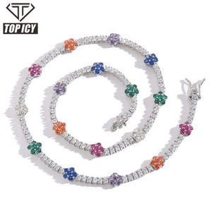 Top Icy Iced Out 3mm Multicolor Flower Tennis Chain Fashion Jewelry Necklace Brass 18K Gold Plated 3A CZ Shiny Necklace Women