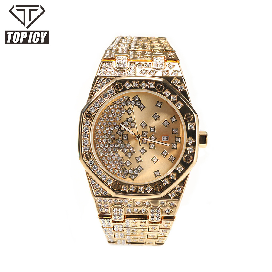 2022 hot selling hexagon alloy stainless steel rhinestone  iced out hip hop watch full iced out star design man watch