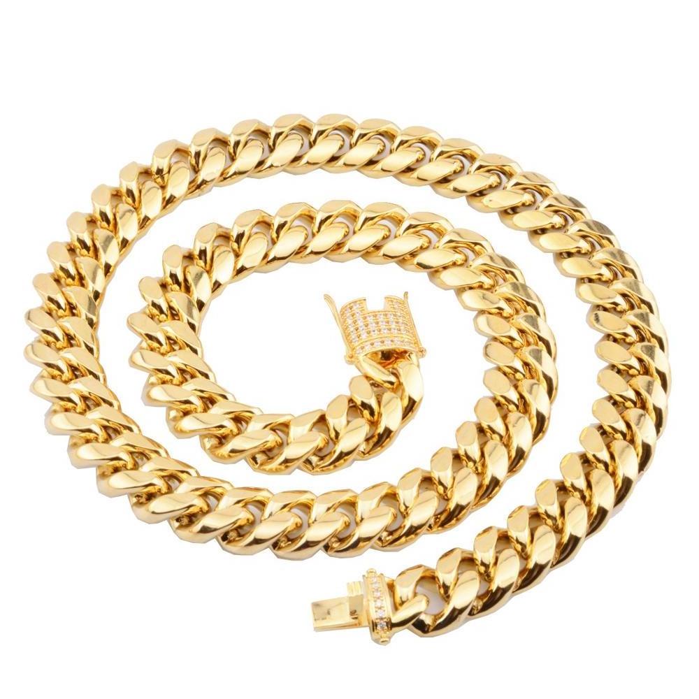 Dubai gold chains Hip hop stainless steel jewelry gold necklace Cuban Link Chain polished Iced Out clasp Choker Necklace for men