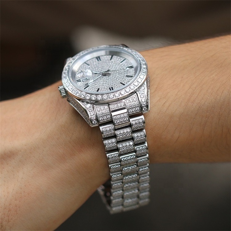 New Arrival Hip Hop Style Stainless Steel Quartz Watch Gold Plated Stainless Steel Band Full of Zircon Quartz Men Watch