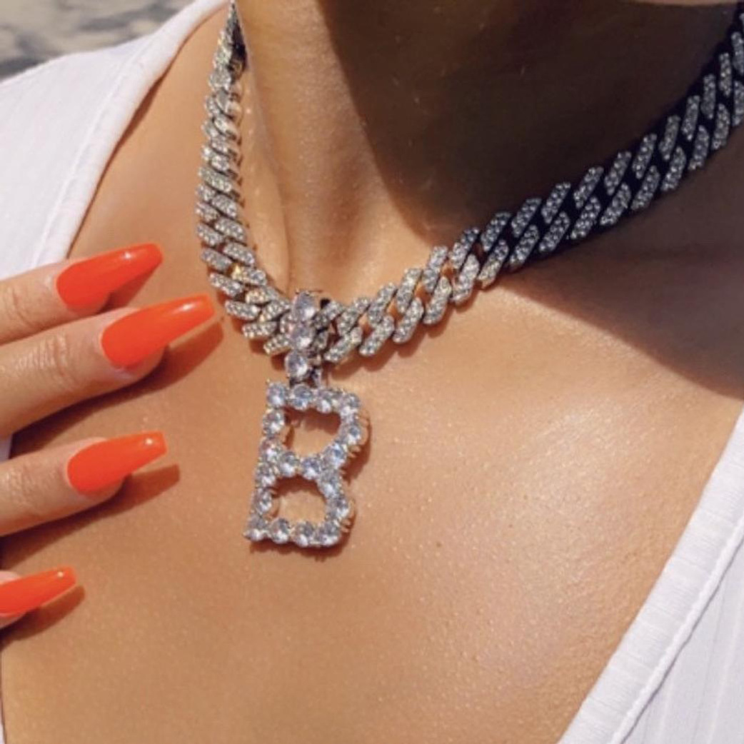 Iced Cuban Link Chain Letter Pendant with diamond Tennis Chain Women's chocker letter necklace jewelry 