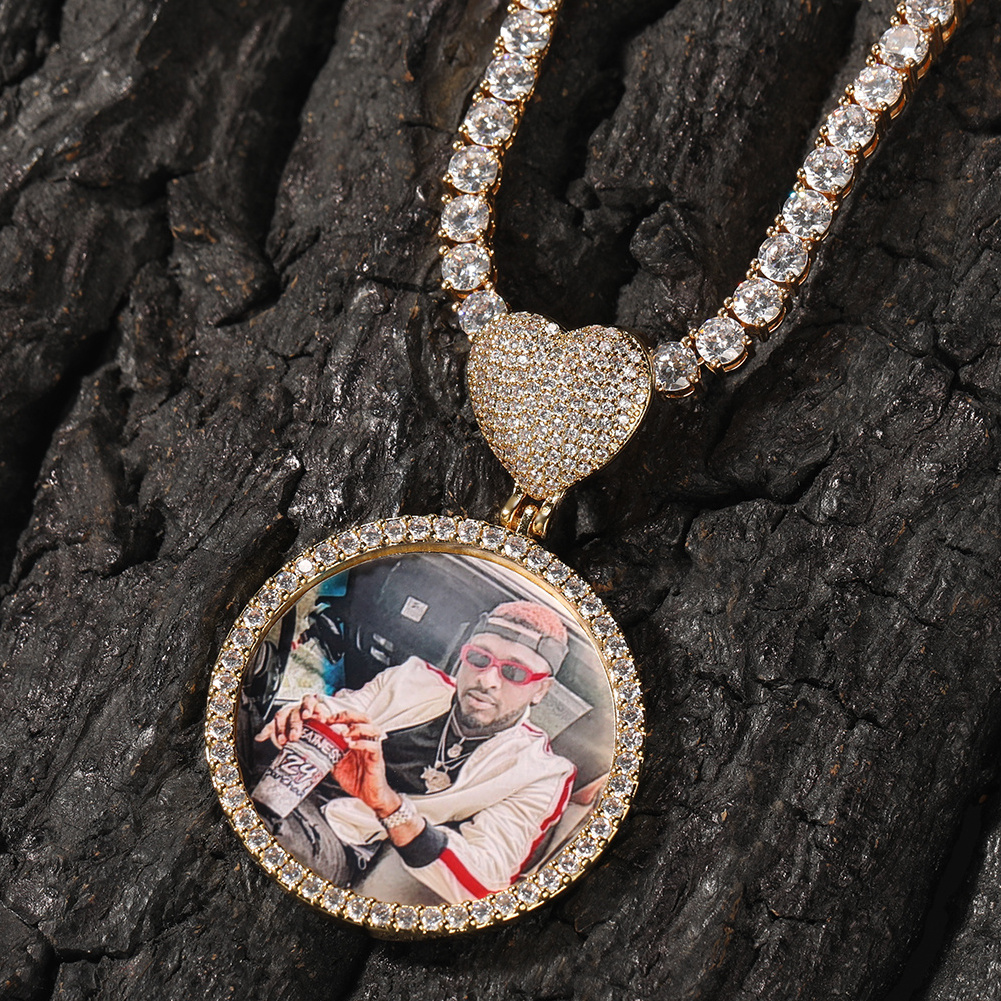 Heart Hook Circle Photo Pendant Iced Out Diamond Memorial Necklace Brass 18K Gold Plated 5A CZ Hip Hop Jewelry